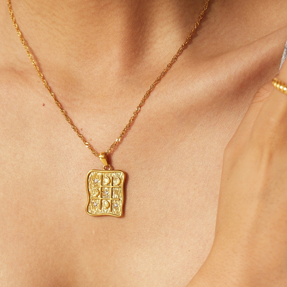 18K Gold Plated Checkered Necklace*Moon Necklace*Diamond Necklace*Astrology